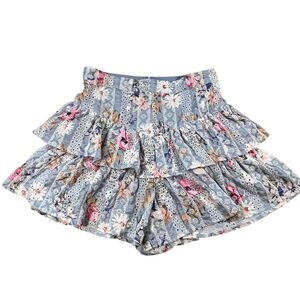 Dance & Marvel Floral Ruffle Layered Light Blue Chambray Lace Shorts Size Large